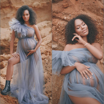 Mqtime Fashion See Through Tulle Maternity Dress Robes One Shoulder Long Sheer Photo Shoot Women Dresses Bride Gowns Custom Made